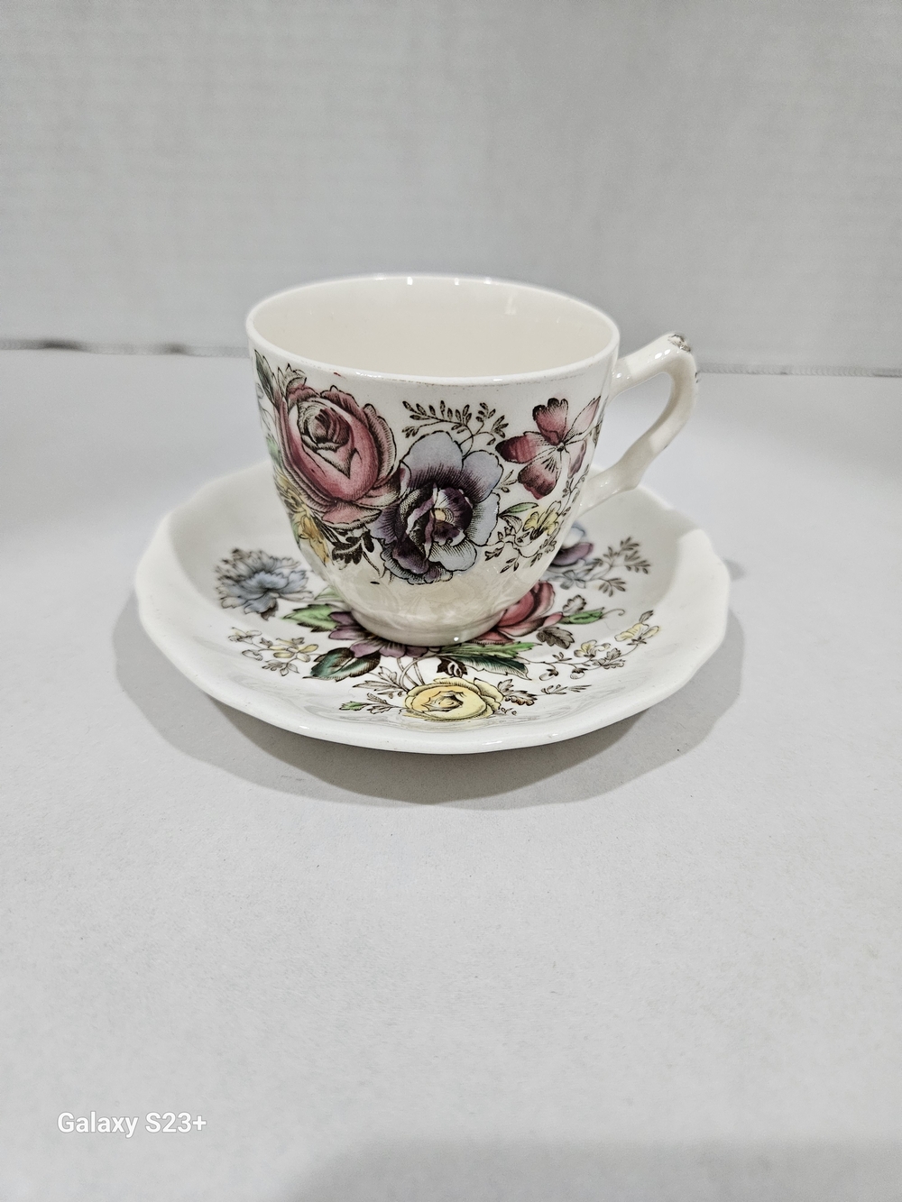 Johnson Brothers Floral Teacup and Saucer - Pink, Purple, Yellow